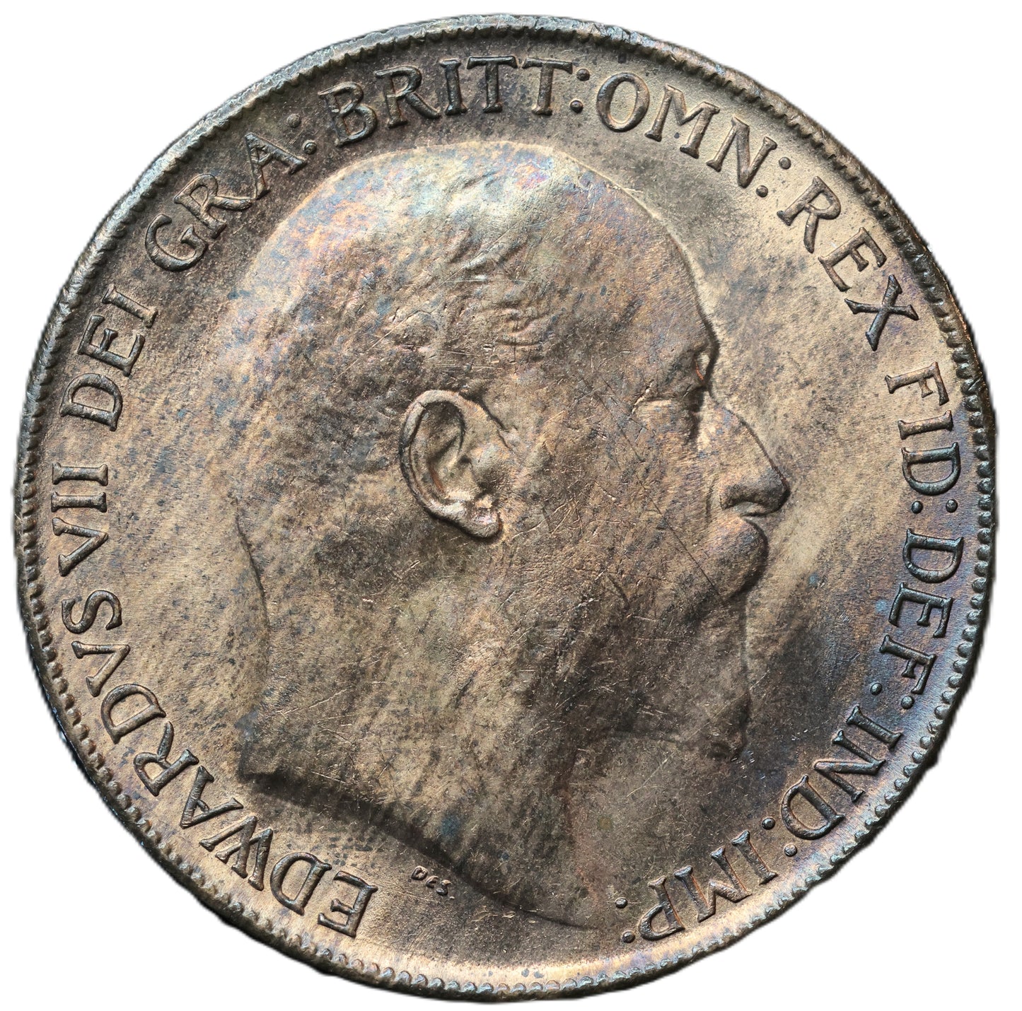 1910 Edward VII One Penny – Lustrous Bronze – Full Strike with Iridescent Toning