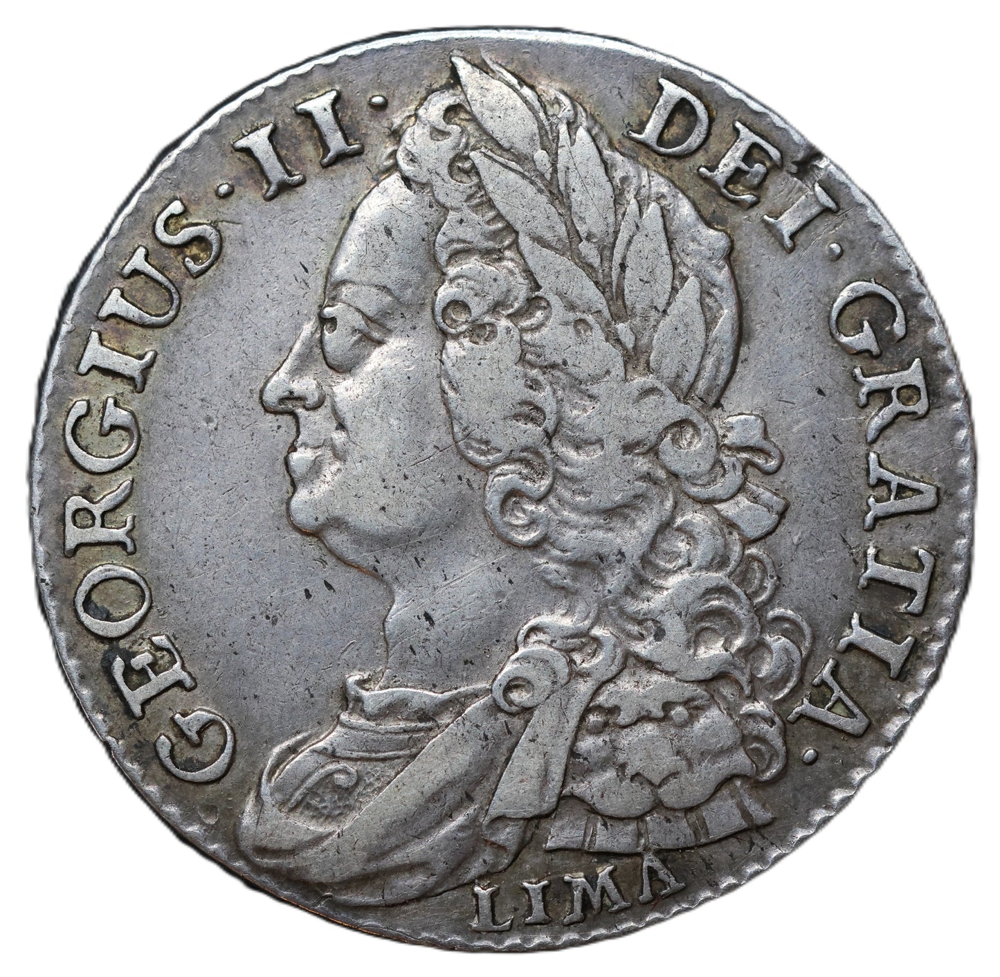 1745 George II Shilling – LIMA  (Struck from Captured Spanish Treasure)