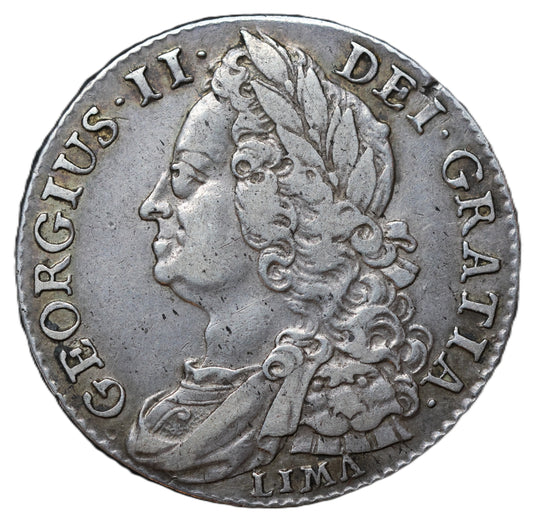 1745 George II Shilling – LIMA  (Struck from Captured Spanish Treasure)