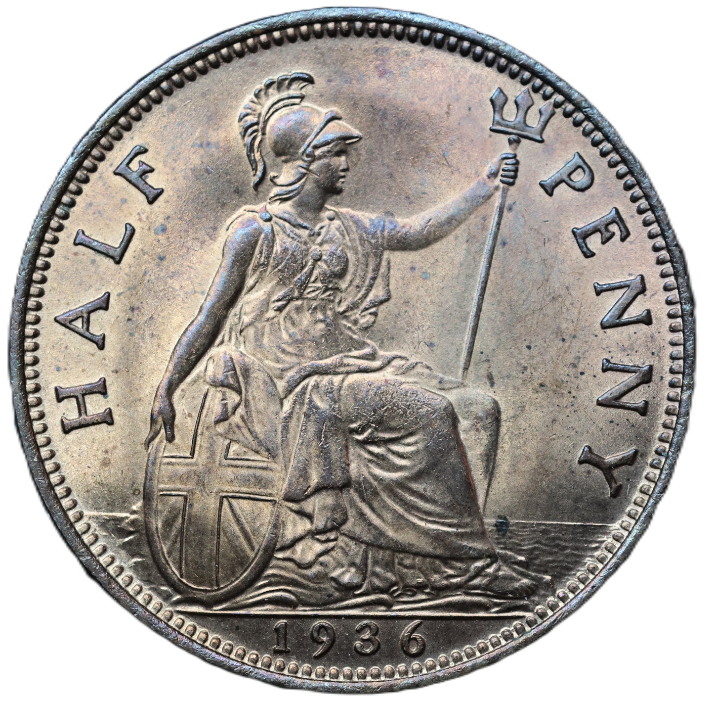 1936 George V Halfpenny – Toned Lustrous Bronze