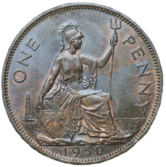 1950 George VI One Penny – Rainbow Toned Lustrous