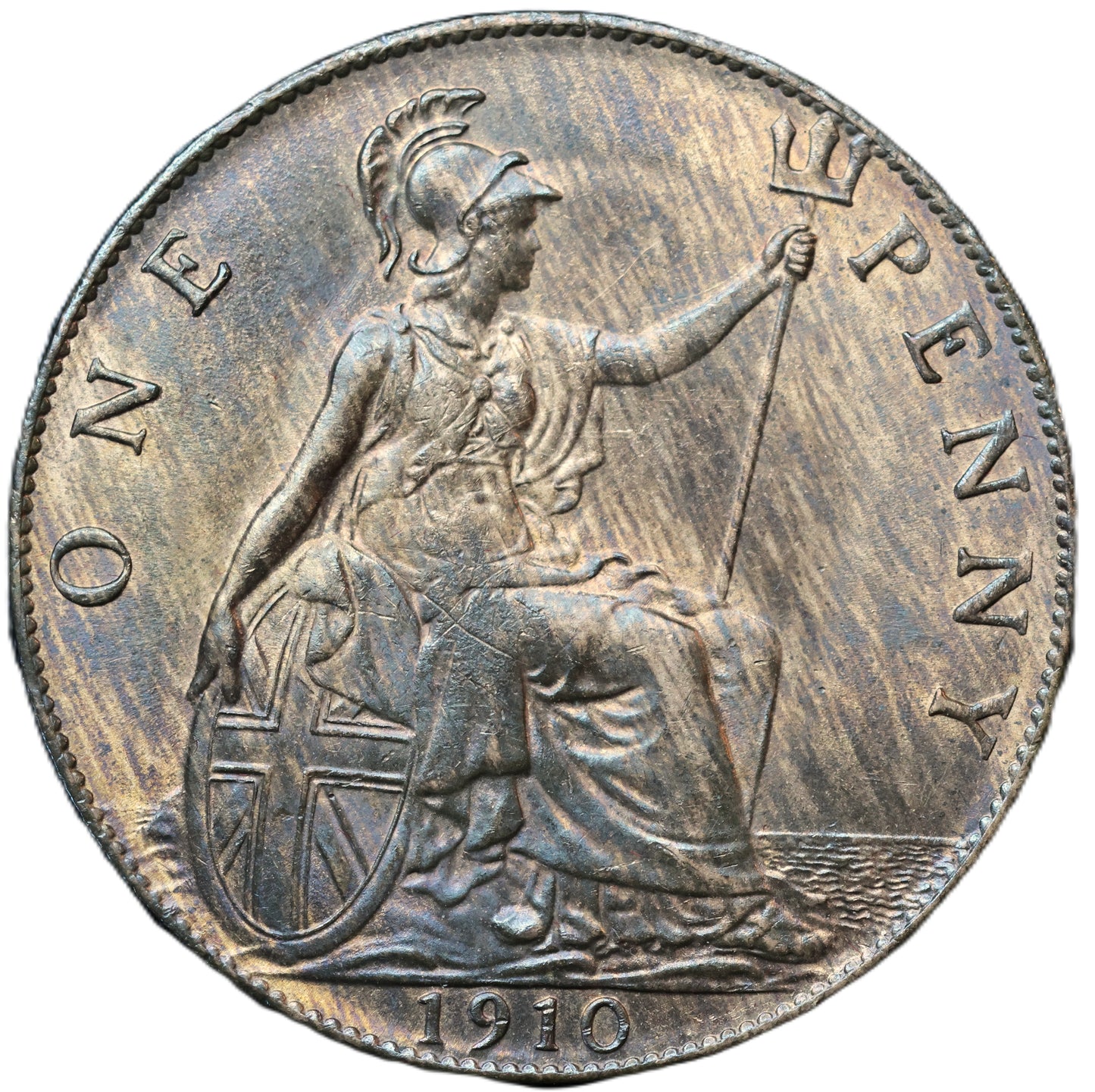 1910 Edward VII One Penny – Lustrous Bronze – Full Strike with Iridescent Toning