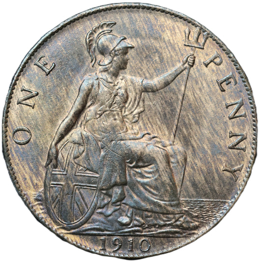 1910 Edward VII One Penny – Lustrous Bronze – Full Strike with Iridescent Toning